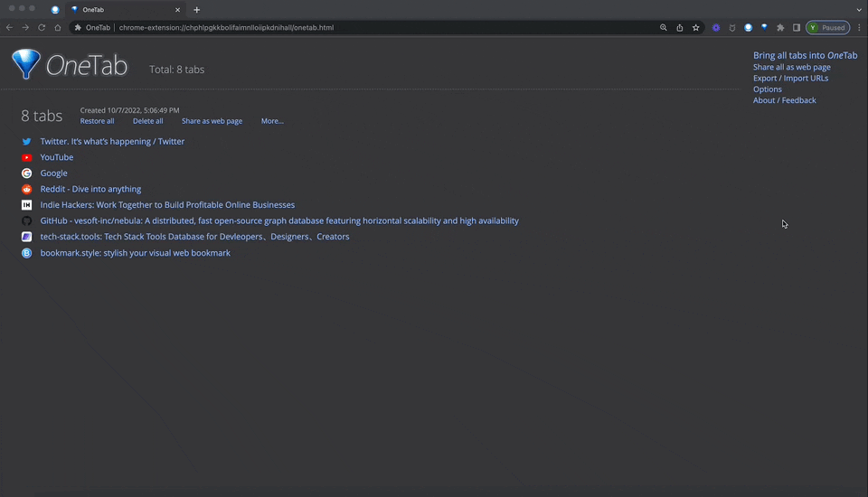 Export backup data from OneTab