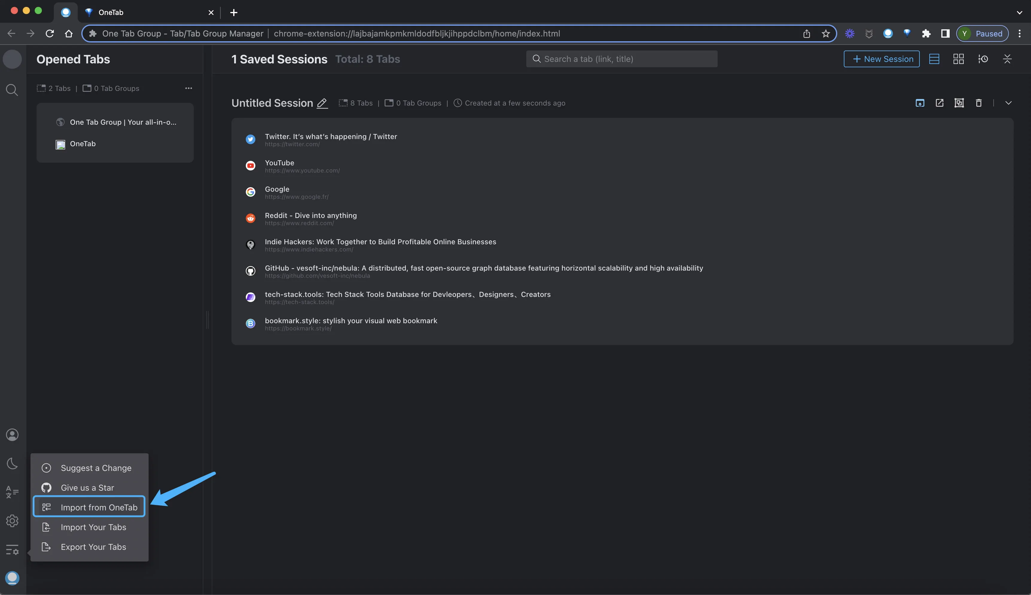 Import from OneTab option in Tab Deck