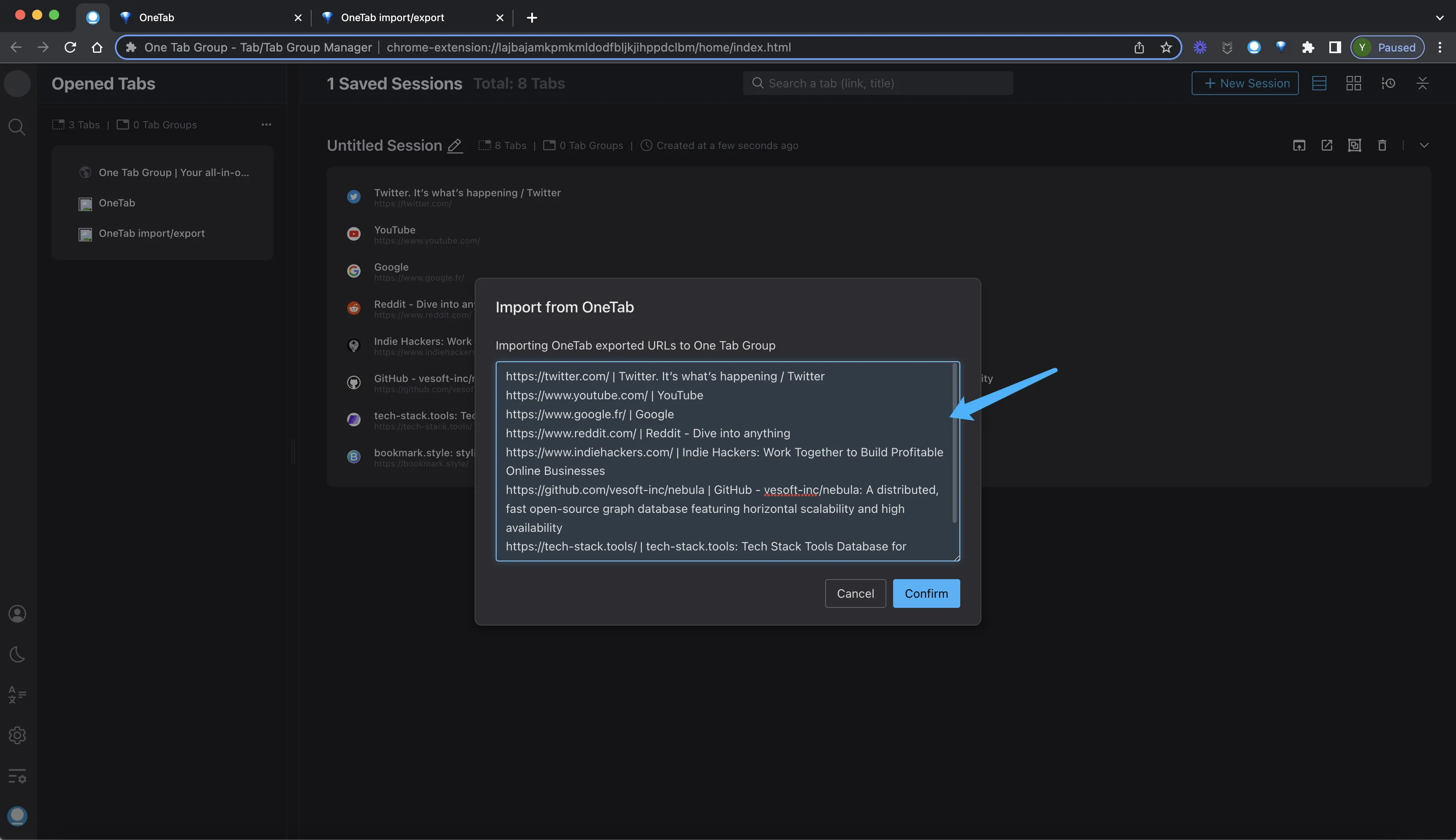 Paste URLs and confirm import in Tab Deck