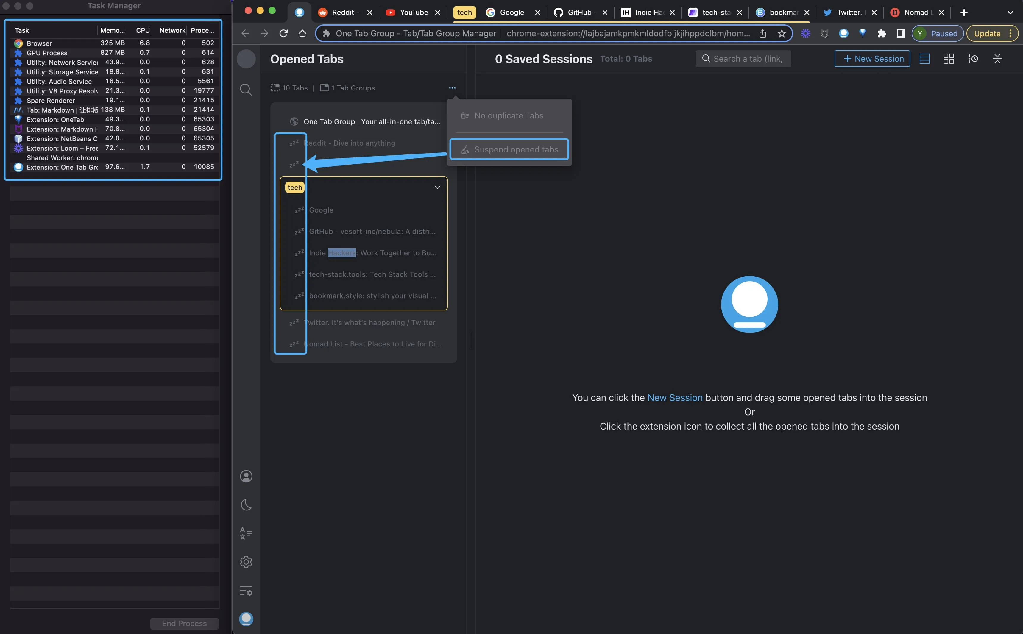 Suspend tabs to reduce browser memory usage