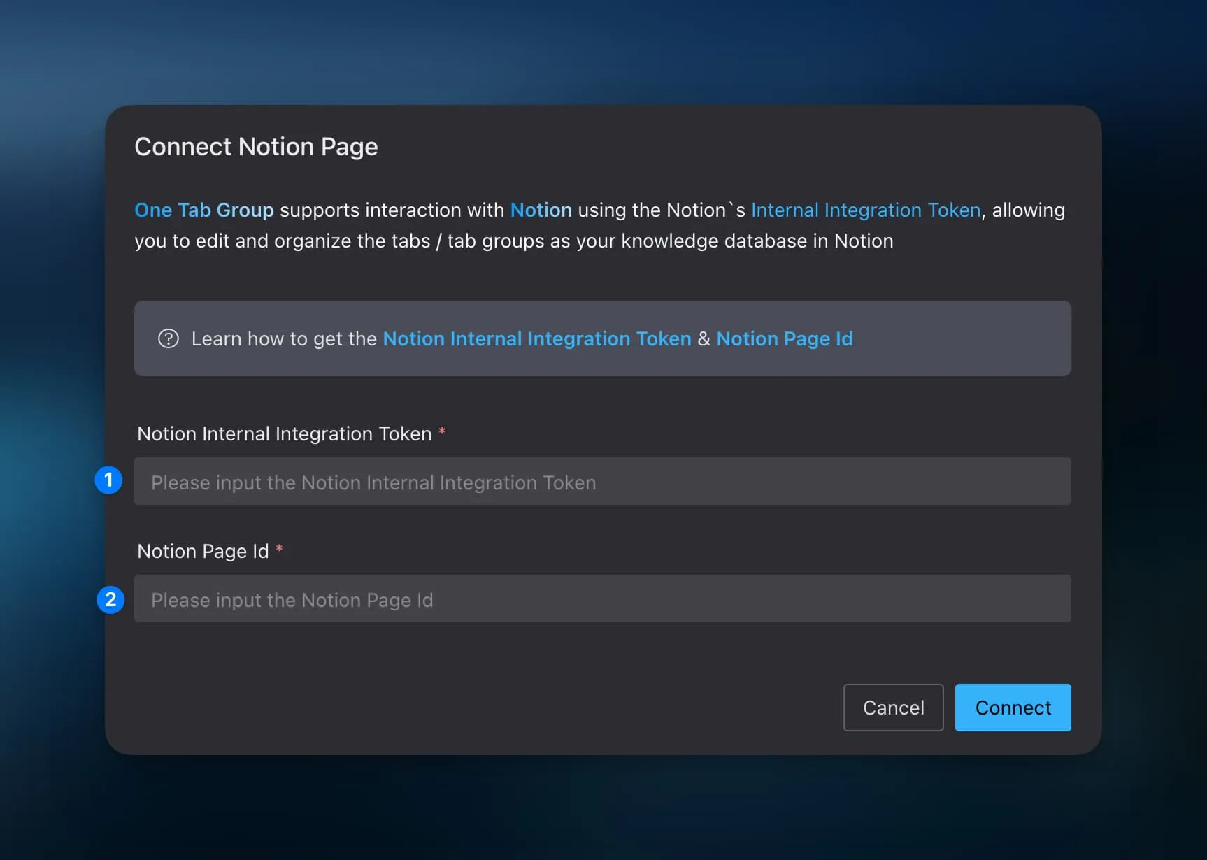 Connect Notion page with integration token and page ID