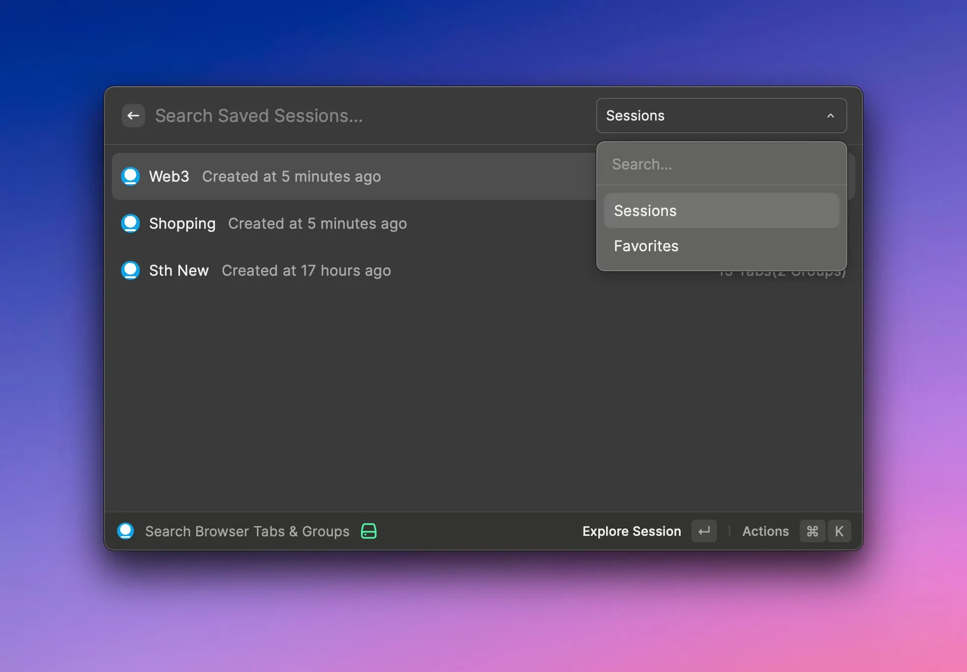 Switch between session list and favorite list in Raycast